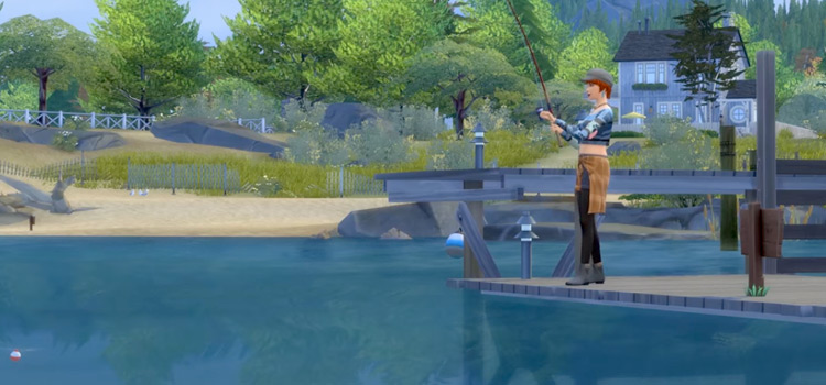 Sims 4 - Girl Sim fishing in a lake