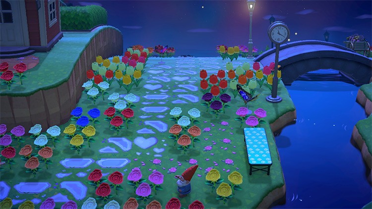 Nighttime floral walkway by river - ACNH Idea
