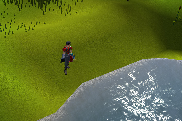 A lumberjack standing by a river with RuneLite HD / OSRS