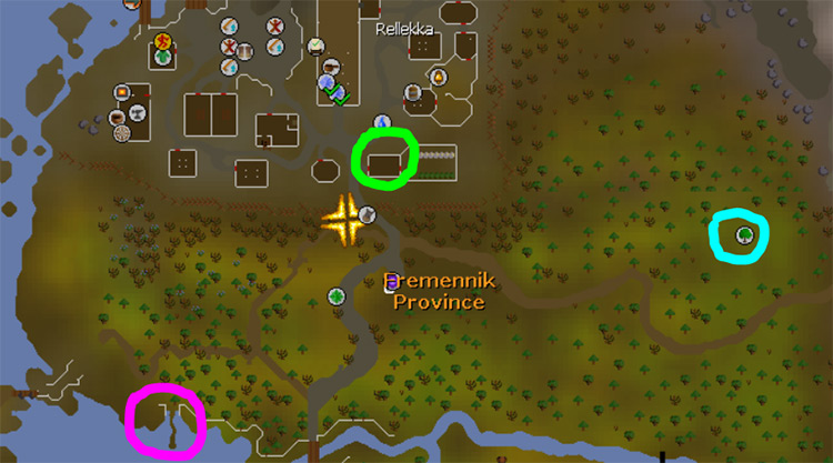 Map locations of Swaying Tree, Lanzig, and Fosegrimmen / OSRS