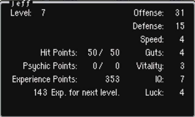 Jeff’s status screen showing PP as well as other stats / Earthbound