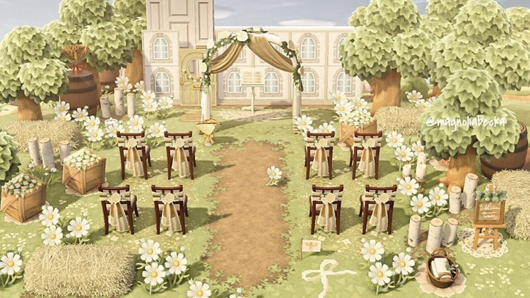 Bright cottagecore-style wedding area in ACNH