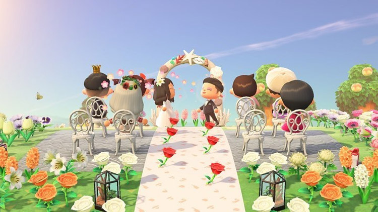 Bright springtime meadow-themed wedding area in ACNH