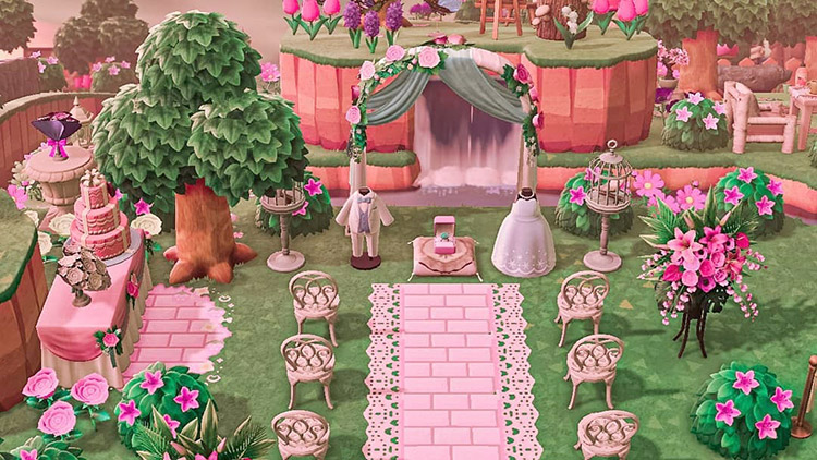 Pink wedding area with a waterfall in ACNH