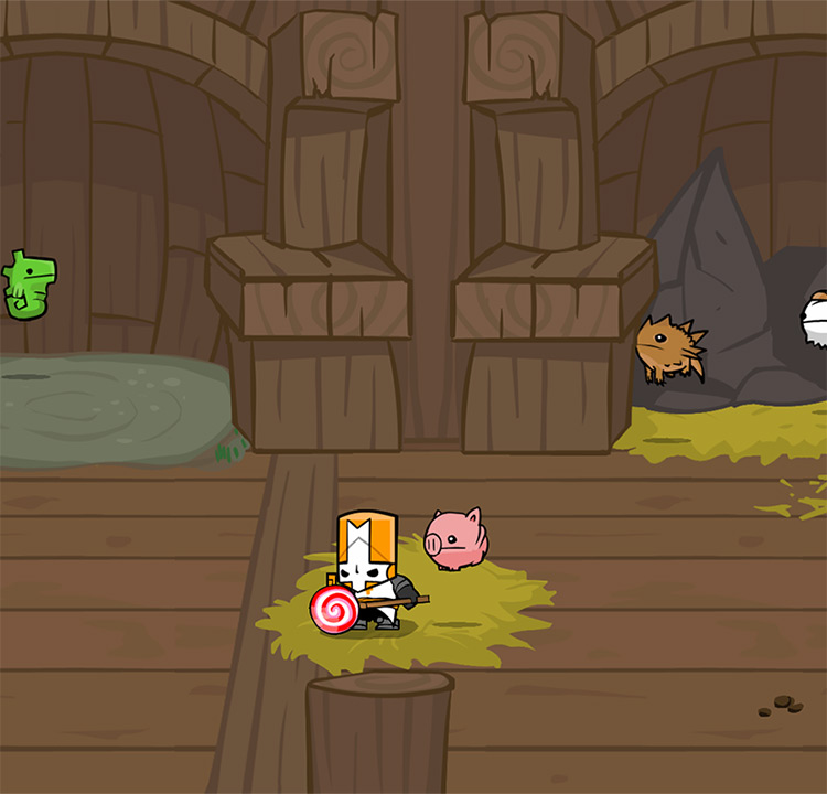 Orange Knight holding the NG Lollipop inside the Animal Ark / Castle Crashers