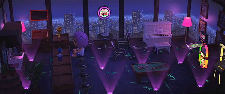Nighttime indoor bar and lounge space / ACNH Idea