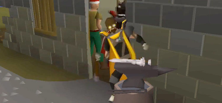 OSRS character with goggles smithing on anvil