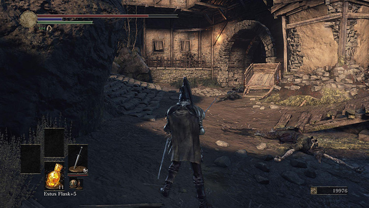 The stone archway at the end of the left path / Dark Souls 3
