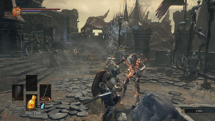 Setting an enemy ablaze with a Fire-infused Longsword / Dark Souls III