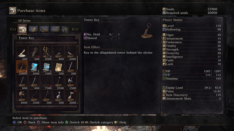 The Tower Key for sale in the Handmaiden’s shop / Dark Souls III