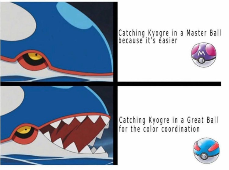 Kyogre in a Masterball vs a Great Ball meme