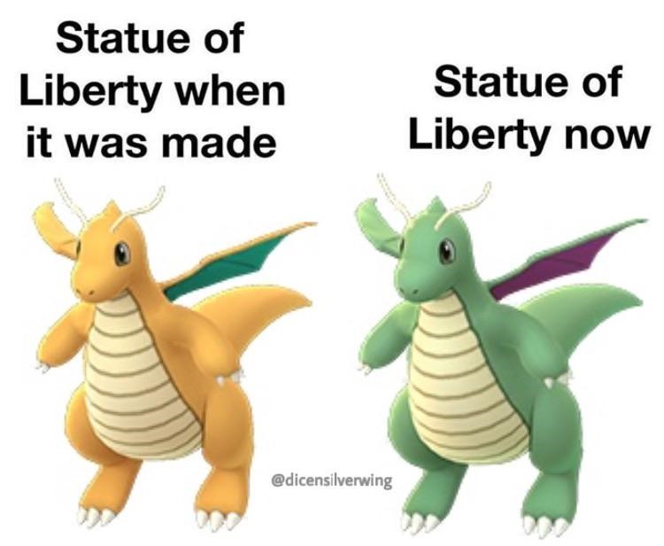 Statue of Liberty then and now, Dragonite meme