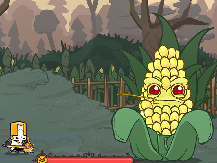 Orange Knight armed with the Gold Skull Mace, battles against the Corn Boss / Castle Crashers
