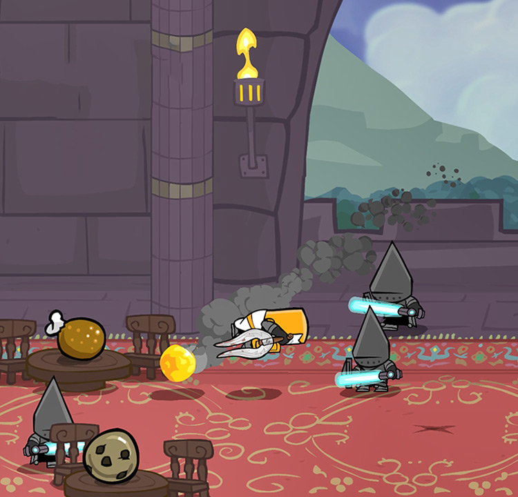 Orange Knight equipped with the Man Catcher, fighting against multiple Coneheads Castle Crashers