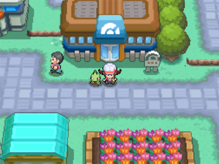 The gym in Cerulean City, where a suspicious character awaits / Pokemon HGSS