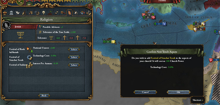 The three possible military aspects. Choosing one costs 100 faith power / Europa Universalis IV