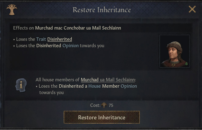 The restore inheritance window for a disinherited son / Crusader Kings III