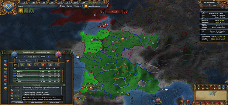 AE resulting from a reconquest war. You get 4 times less AE when you use a reconquest CB. / EU4