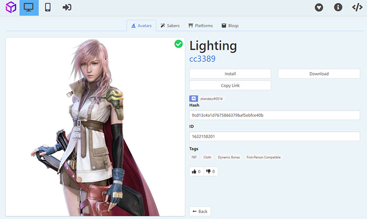 Lightning FF13 avatar mod for Beat Saber