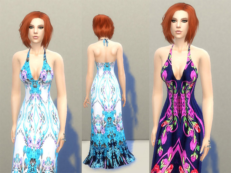 Patterned Colorful floral-style long sundress - Sims 4 CC