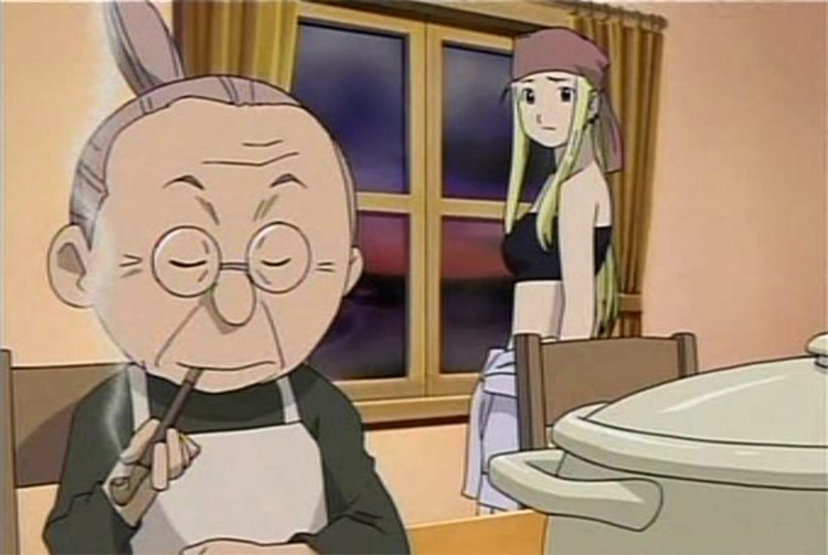 Pinako Rockbell grandma from FMA anime screenshot