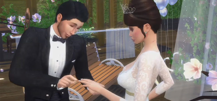 Sims 4 groom proposing to bride on wedding screenshot