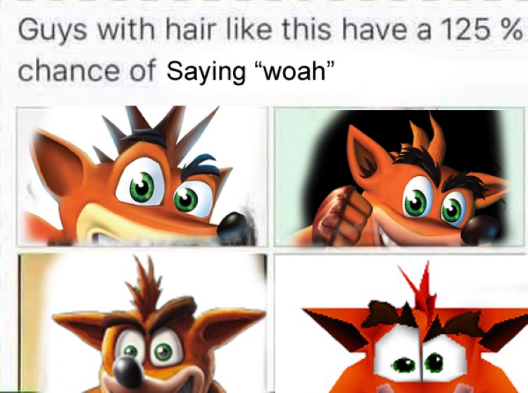 Guys with Crash Bandicoot hair always say woah meme