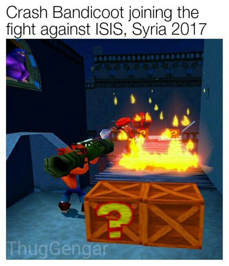 Crash Bandicoot fighting ISIS in Syria, joke meme