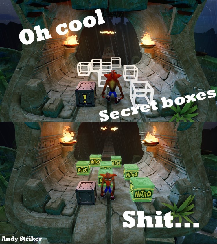 Crash: oh cool, secret boxes! Turn into Nitro boxes: shoot