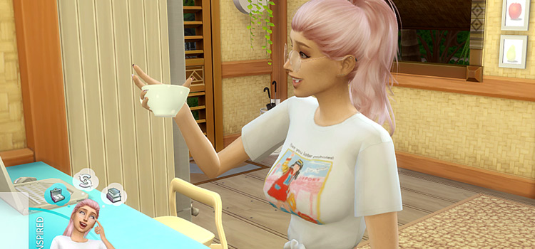 Girl Sim with pink hair drinking tea in The Sims 4
