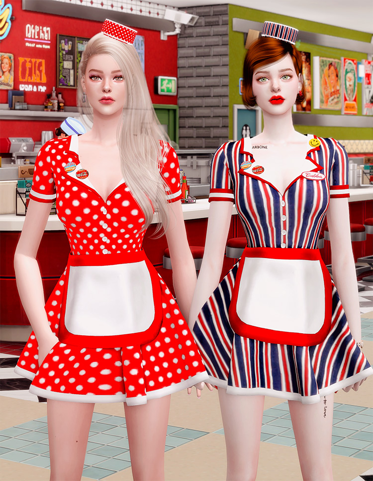 Retro Diner Waitress Outfit & Hat / TS4 CC