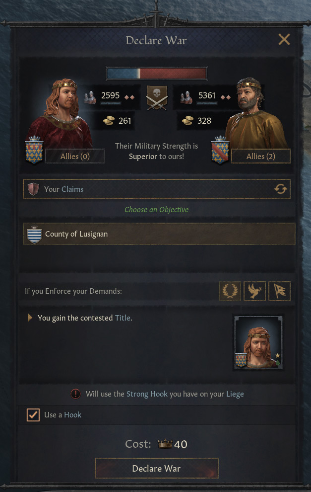The player, as a vassal, is able to declare war on another vassal with a hook on their liege / Crusader Kings III