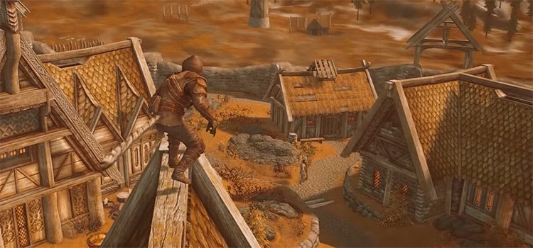 Assassin on rooftops in Skyrim