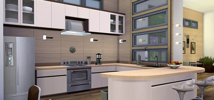 Bright kitchen interior screenshot from The Sims 4
