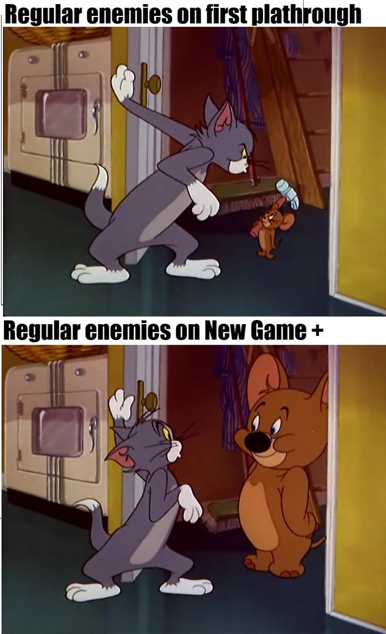 Enemies in playthrough vs. New Game+ Meme