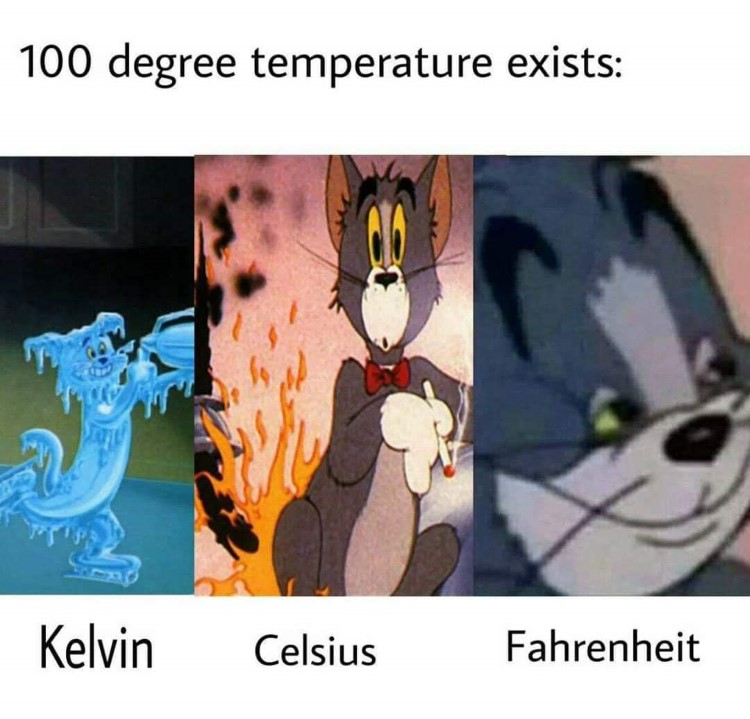 Kelvin, Celsius, Farenheit Tom meme