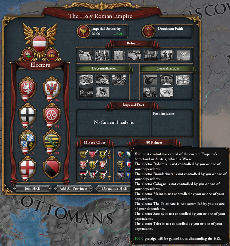 HRE UI with the requirements appearing after hovering over the Dismantle HRE button at the bottom. / EU4