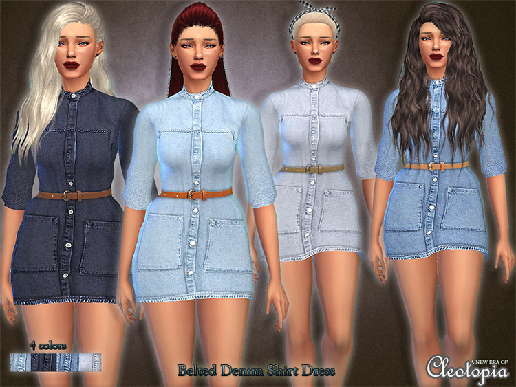 Belted Denim Shirt Dress for The Sims 4