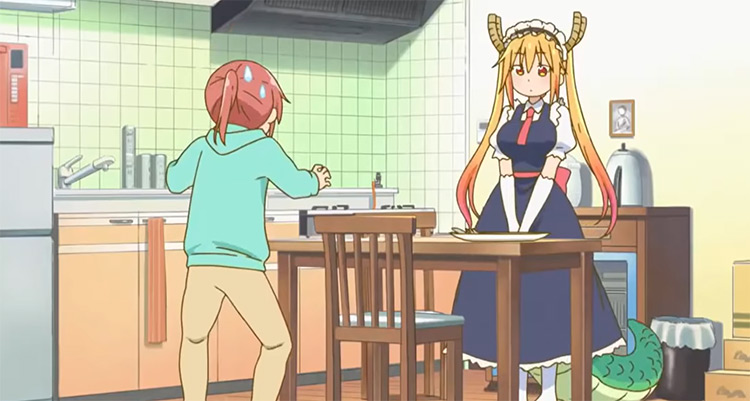 Kobayashi and Dragon maid anime girl in kitchen