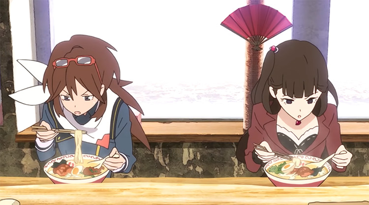 Two girls eating ramen - Rolling Girls Anime