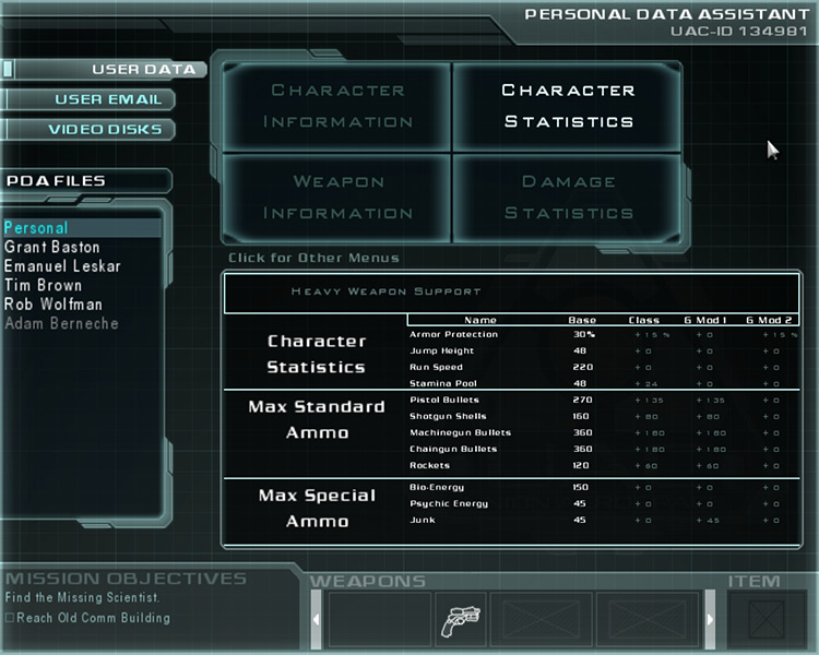 Doom 3: Evolution Mod Character menu screenshot