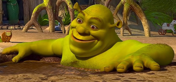 Shrek smiling and soaking in mud bath