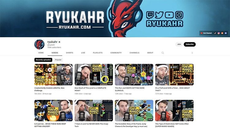 Ryukahr YouTube channel page screenshot