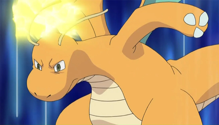 Angry Dragonite battle stance in Pokemon anime
